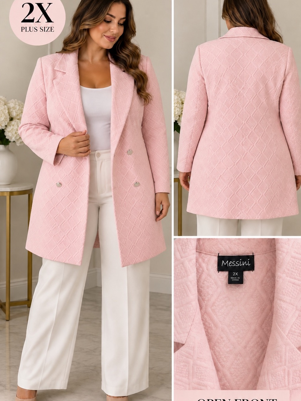 Messini Plus Size Quilted Light Pink Long Blazer